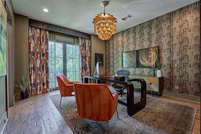 3637 Meadow Lake Ln, Houston, TX 77027 - office with hardwood / wood-style floors, a chandelier, french doors, recessed lighting, and baseboards