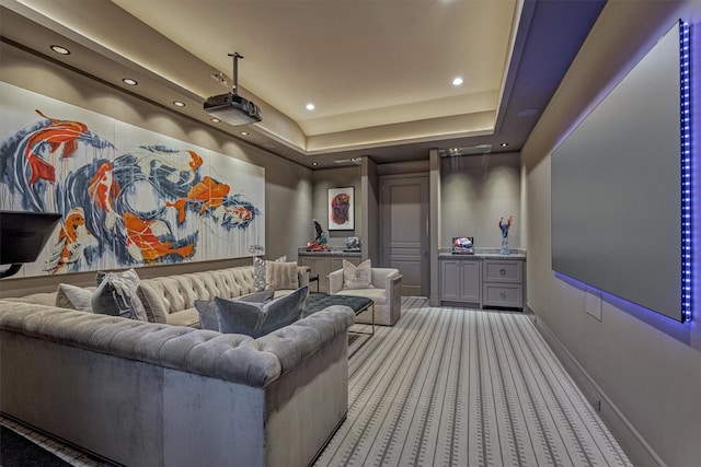 3637 Meadow Lake Ln, Houston, TX 77027 - cinema room featuring baseboards, carpet flooring, a raised ceiling, and recessed lighting