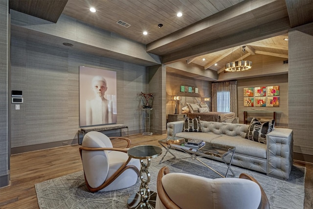 3637 Meadow Lake Ln, Houston, TX 77027 - living area featuring wooden ceiling, a chandelier, wood finished floors, baseboards, and recessed lighting