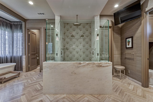 3637 Meadow Lake Ln, Houston, TX 77027 - full bathroom with a shower with door, a soaking tub, and toilet