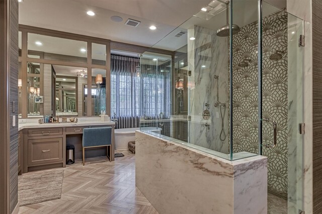 3637 Meadow Lake Ln, Houston, TX 77027 - full bath with a marble finish shower, vanity, a freestanding bath, and recessed lighting