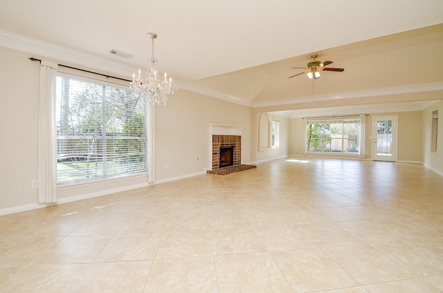 3067 Silver Cedar Trl, Katy, TX 77449 - unfurnished living room with a fireplace, ornamental molding, a ceiling fan, baseboards, and a chandelier