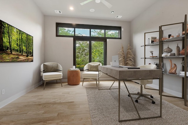 16827 Falcon Sound Dr, Montgomery, TX 77356 - office area with a ceiling fan, light wood-type flooring, recessed lighting, and baseboards