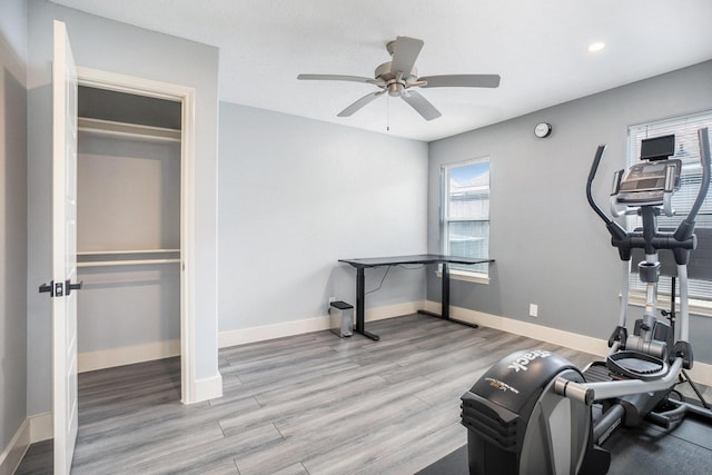 5720 Fraser Ave, Galveston, TX 77551 - exercise room featuring light wood finished floors, a ceiling fan, baseboards, and recessed lighting