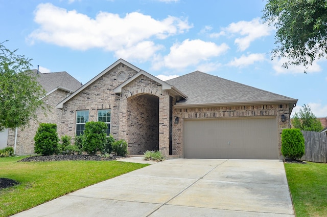 426 Sunny River Ln, Richmond, TX 77406 - french country inspired facade featuring brick siding, an attached garage, a shingled roof, and driveway