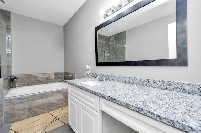 15318 Griggs Point Ln, Sugar Land, TX 77498 - full bathroom with a garden tub, vanity, tile patterned floors, and a shower with shower door
