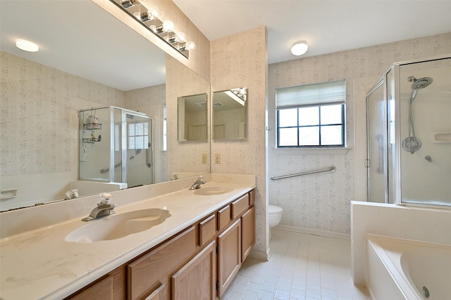 6511 Coldstream Dr, Pasadena, TX 77505 - full bath featuring wallpapered walls, double vanity, a shower stall, a garden tub, and toilet