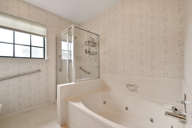 6511 Coldstream Dr, Pasadena, TX 77505 - full bath featuring wallpapered walls, a tub with jets, a stall shower, and tile patterned flooring