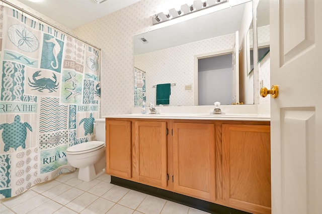 6511 Coldstream Dr, Pasadena, TX 77505 - bathroom featuring wallpapered walls, tile patterned flooring, double vanity, toilet, and curtained shower