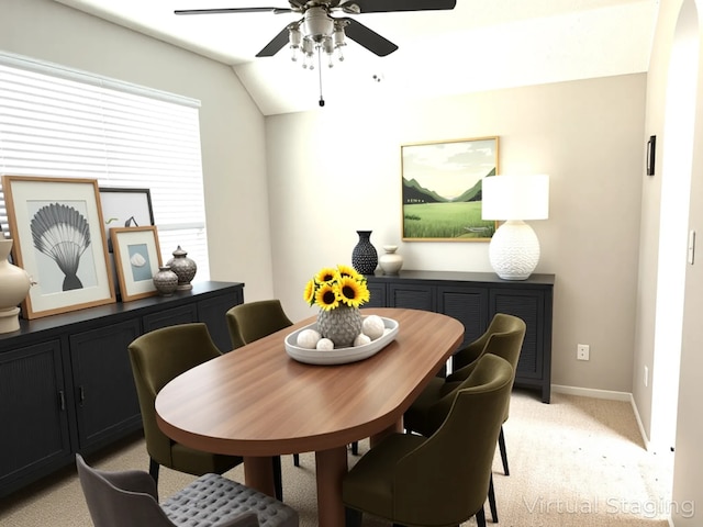 7126 Leens Lodge Ln, Humble, TX 77346 - dining room with a ceiling fan, light colored carpet, vaulted ceiling, and baseboards