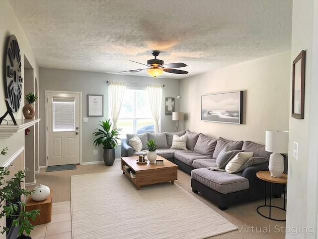 7126 Leens Lodge Ln, Humble, TX 77346 - carpeted living area with a ceiling fan, a textured ceiling, and tile patterned flooring