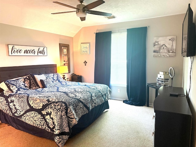 7126 Leens Lodge Ln, Humble, TX 77346 - bedroom with carpet, vaulted ceiling, a ceiling fan, and baseboards