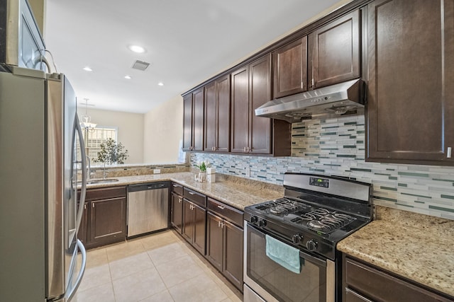 12627 Ashford Shore Dr, Houston, TX 77072 - kitchen featuring appliances with stainless steel finishes, under cabinet range hood, dark brown cabinets, decorative backsplash, and recessed lighting