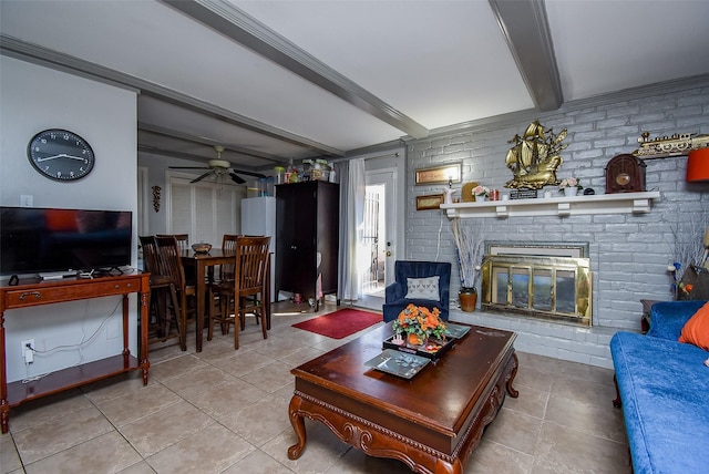 2924 Camelot Ln, Missouri City, TX 77459 - living area featuring beamed ceiling, light tile patterned floors, a ceiling fan, brick wall, and a fireplace
