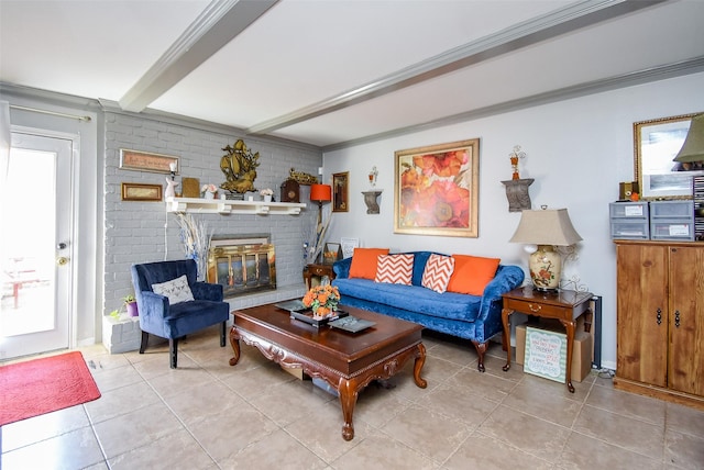 2924 Camelot Ln, Missouri City, TX 77459 - living room featuring tile patterned floors, brick wall, a brick fireplace, and beamed ceiling
