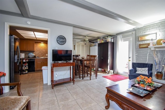 2924 Camelot Ln, Missouri City, TX 77459 - living room featuring a ceiling fan, light tile patterned floors, and ornamental molding
