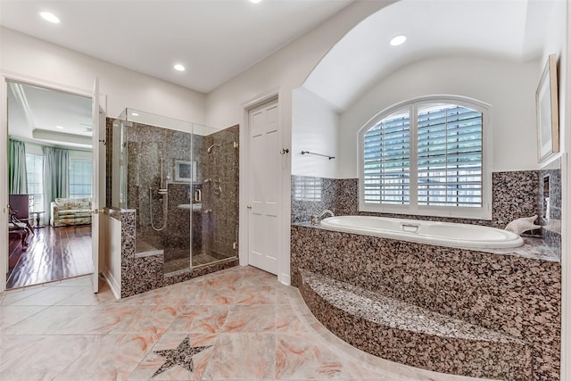 6 Woodsborough Cir, Houston, TX 77055 - full bathroom with a bath, a stall shower, and recessed lighting