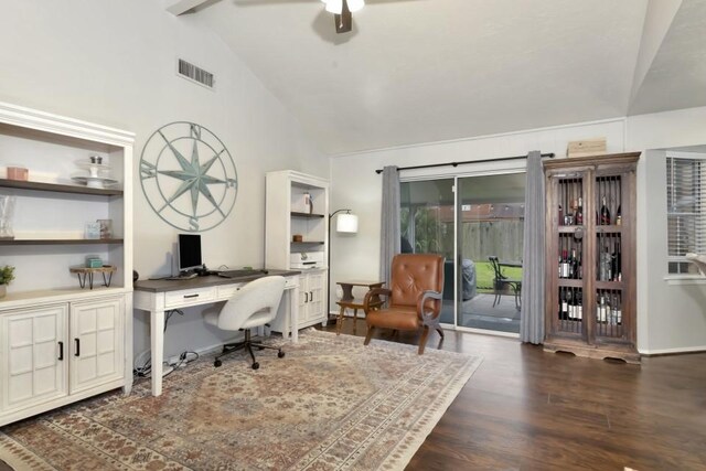 9259 Theysen Dr, Houston, TX 77080 - office area with wood finished floors, a ceiling fan, high vaulted ceiling, and beam ceiling