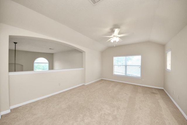 2304 Shadow Canyon Ct, Pearland, TX 77584 - carpeted empty room with a ceiling fan, baseboards, and lofted ceiling
