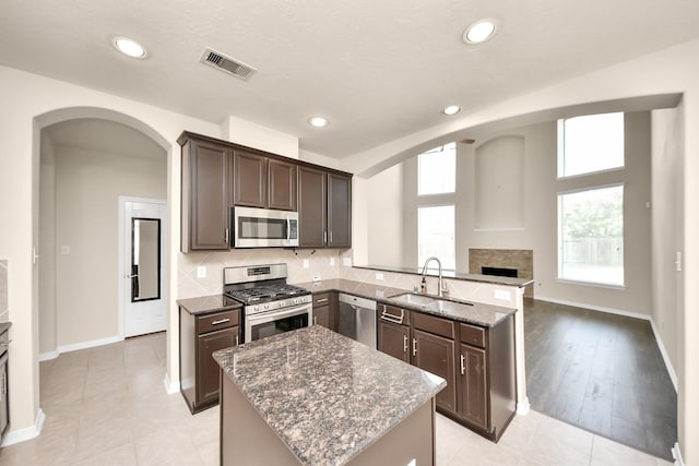 2304 Shadow Canyon Ct, Pearland, TX 77584 - kitchen featuring appliances with stainless steel finishes, a sink, arched walkways, a premium fireplace, and recessed lighting