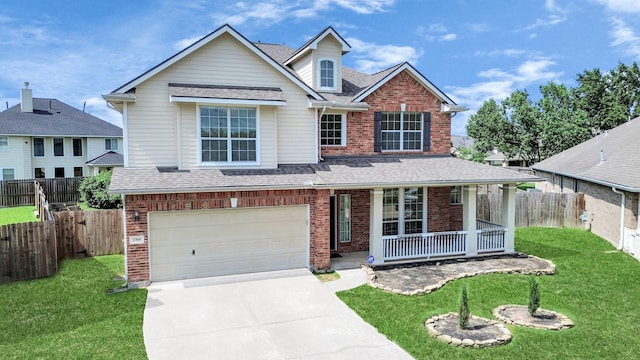 2304 Shadow Canyon Ct, Pearland, TX 77584 - traditional home with covered porch, brick siding, an attached garage, driveway, and roof with shingles