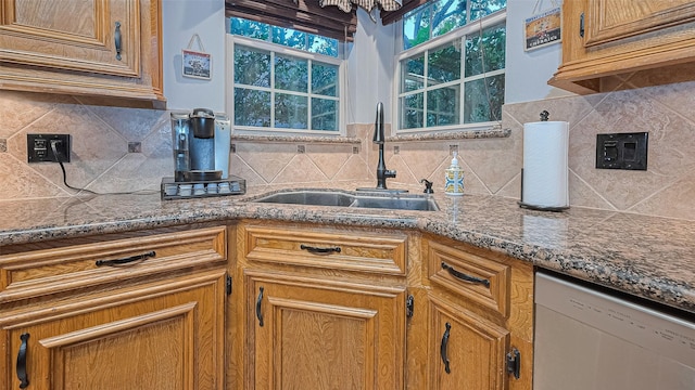 1806 Wine Cedar Ln, Katy, TX 77450 - kitchen featuring dishwasher, a sink, backsplash, and brown cabinets