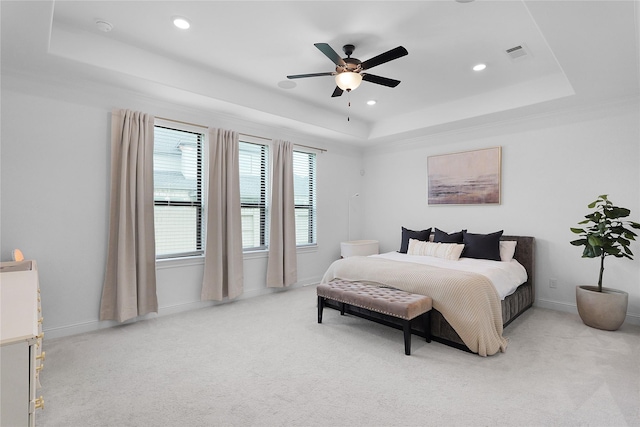 4706 Oak Glen Ct, Manvel, TX 77578 - bedroom with a raised ceiling, light colored carpet, recessed lighting, baseboards, and ceiling fan