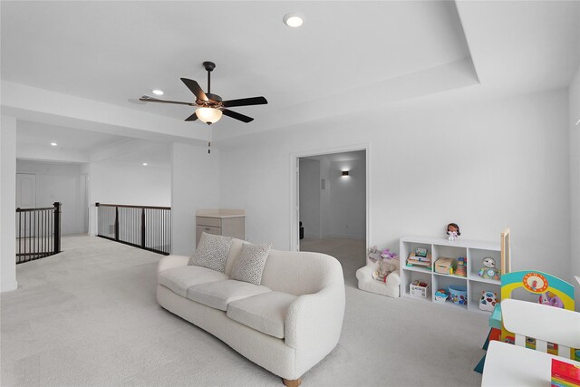 4706 Oak Glen Ct, Manvel, TX 77578 - living room with carpet flooring, ceiling fan, and recessed lighting