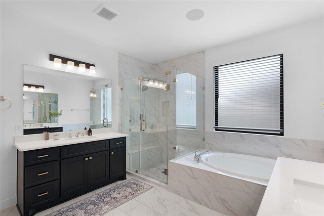 4706 Oak Glen Ct, Manvel, TX 77578 - bathroom with a bath, marble finish flooring, vanity, and a marble finish shower