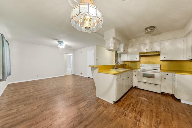 7306 Nightingale Cir, Texas City, TX 77591 - kitchen featuring white electric range, under cabinet range hood, a sink, a peninsula, and dark wood finished floors