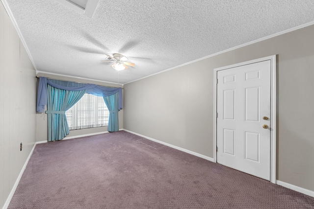 7306 Nightingale Cir, Texas City, TX 77591 - carpeted spare room with ornamental molding, a textured ceiling, ceiling fan, and baseboards