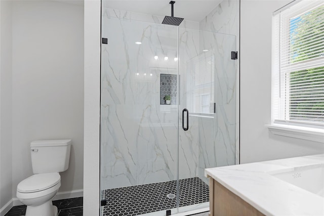 2811 Winbern St, Houston, TX 77004 - full bathroom featuring vanity, a marble finish shower, toilet, baseboards, and marble look tile flooring