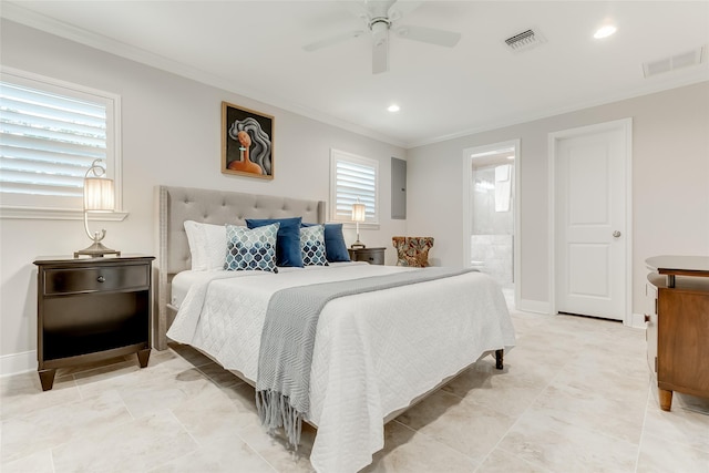 14001/14009 W Hughes Rd, Dickinson, TX 77539 - bedroom featuring crown molding, ensuite bathroom, baseboards, a ceiling fan, and recessed lighting
