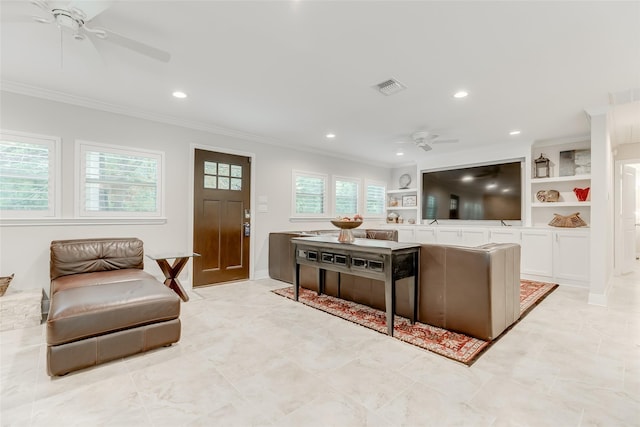 14001/14009 W Hughes Rd, Dickinson, TX 77539 - living room with ceiling fan, crown molding, and recessed lighting