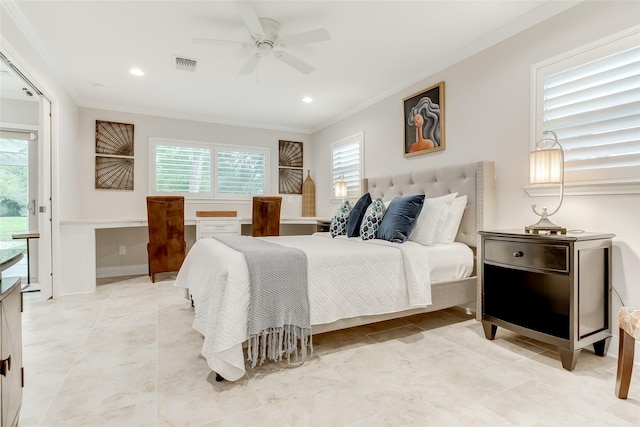 14001/14009 W Hughes Rd, Dickinson, TX 77539 - bedroom featuring multiple windows, crown molding, ceiling fan, recessed lighting, and light tile patterned flooring