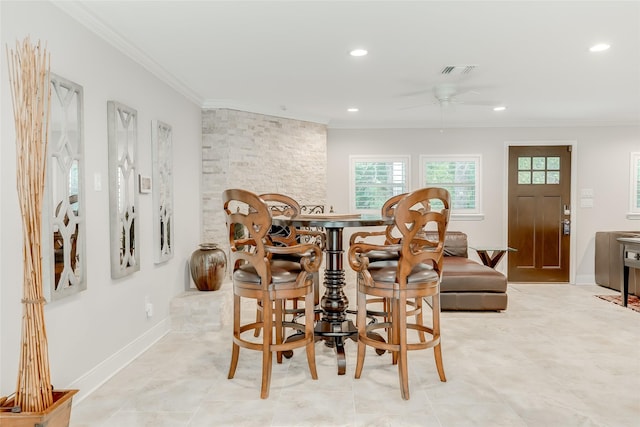 14001/14009 W Hughes Rd, Dickinson, TX 77539 - dining area featuring a ceiling fan, ornamental molding, recessed lighting, and baseboards
