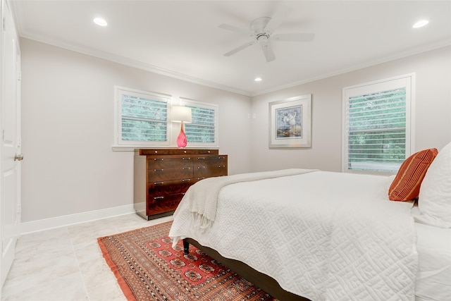 14001/14009 W Hughes Rd, Dickinson, TX 77539 - bedroom with crown molding, baseboards, recessed lighting, and ceiling fan
