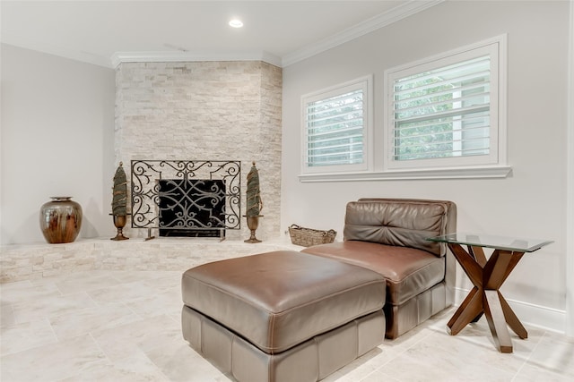 14001/14009 W Hughes Rd, Dickinson, TX 77539 - sitting room featuring ornamental molding and a stone fireplace