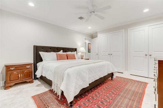14001/14009 W Hughes Rd, Dickinson, TX 77539 - bedroom featuring crown molding, two closets, recessed lighting, ceiling fan, and light tile patterned floors