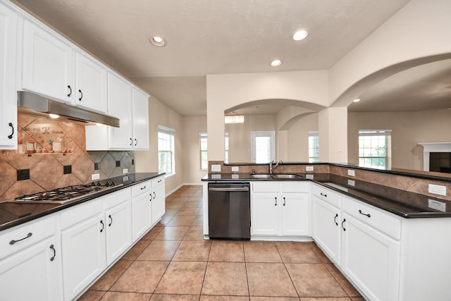 14311 Lakepointe Bend Ln, Cypress, TX 77429 - kitchen featuring dishwashing machine, a sink, under cabinet range hood, arched walkways, and dark countertops