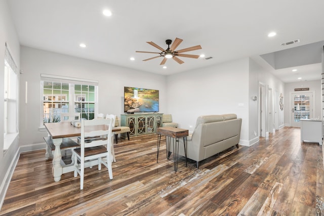 22516 Bay Point Dr, Galveston, TX 77554 - living room featuring ceiling fan, wood finished floors, recessed lighting, healthy amount of natural light, and baseboards