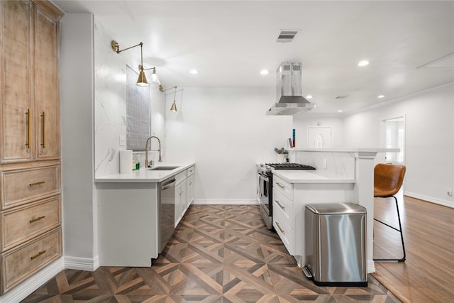 5004 Park Dr, Houston, TX 77023 - kitchen with island range hood, stainless steel appliances, a peninsula, a kitchen breakfast bar, and recessed lighting