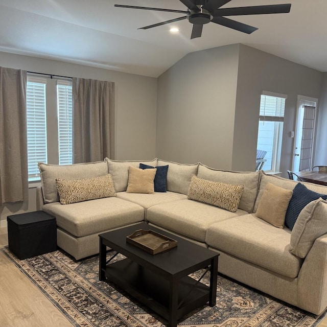 29919 Gallatin River Ln, Katy, TX 77494 - living area featuring ceiling fan, wood finished floors, and vaulted ceiling
