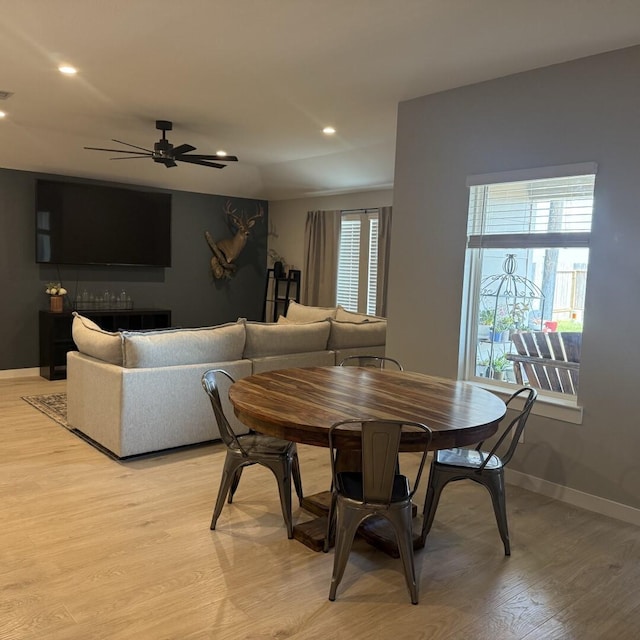 29919 Gallatin River Ln, Katy, TX 77494 - dining room featuring light wood finished floors, baseboards, ceiling fan, and recessed lighting