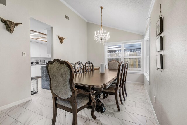 5330 Pine Cliff Dr, Houston, TX 77084 - dining space with light marble finish floors, a chandelier, ornamental molding, vaulted ceiling, and baseboards