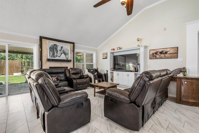 5330 Pine Cliff Dr, Houston, TX 77084 - living area with ceiling fan, light marble finish flooring, lofted ceiling, healthy amount of natural light, and crown molding