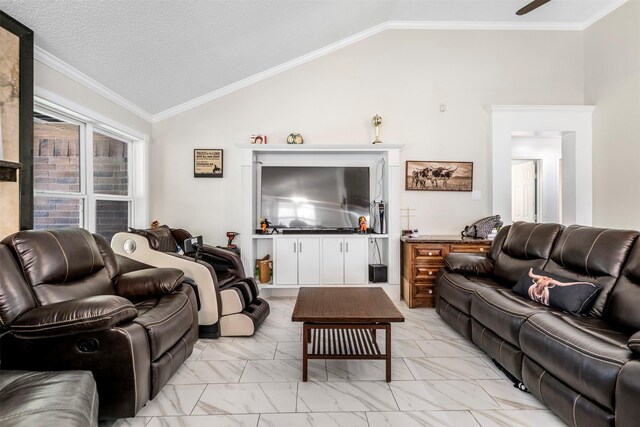 5330 Pine Cliff Dr, Houston, TX 77084 - living area featuring light marble finish floors, lofted ceiling, and crown molding