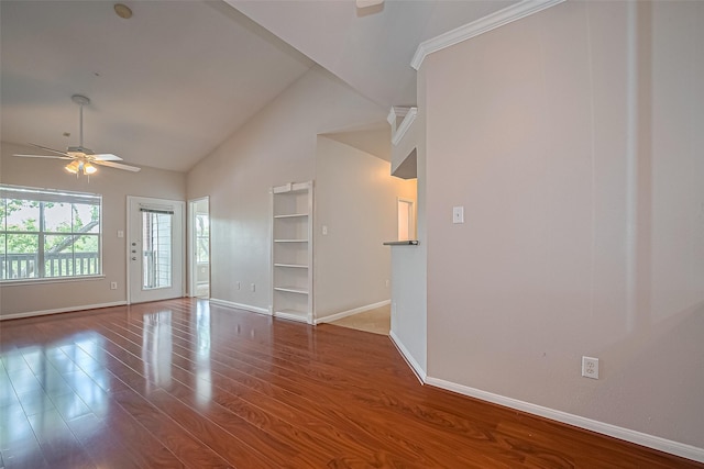 1330 Old Spanish Trl Unit 8306, Houston, TX 77054 - spare room featuring ceiling fan, baseboards, high vaulted ceiling, and wood finished floors