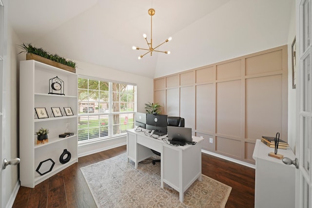 20719 Kerby Pl, Cypress, TX 77433 - office space with dark wood-style flooring, a chandelier, a decorative wall, and high vaulted ceiling