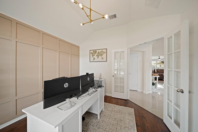 20719 Kerby Pl, Cypress, TX 77433 - office space with french doors, lofted ceiling, a chandelier, and dark wood finished floors